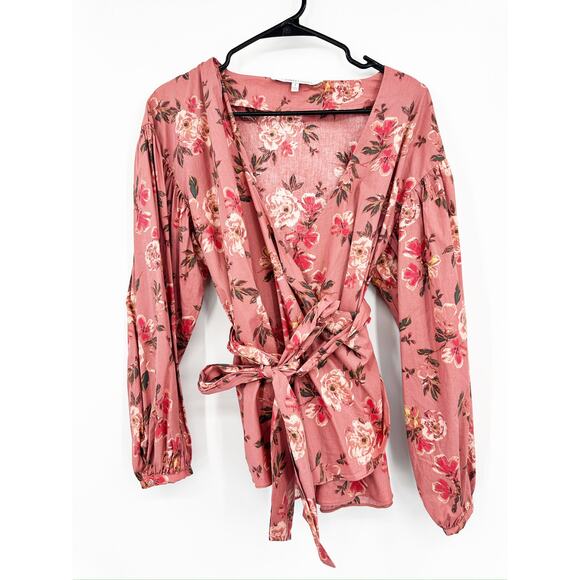 Lovers and Friends Barnes Pink Amber Floral Print Long Sleeve Wrap Blouse Size S - Picture 2 of 5